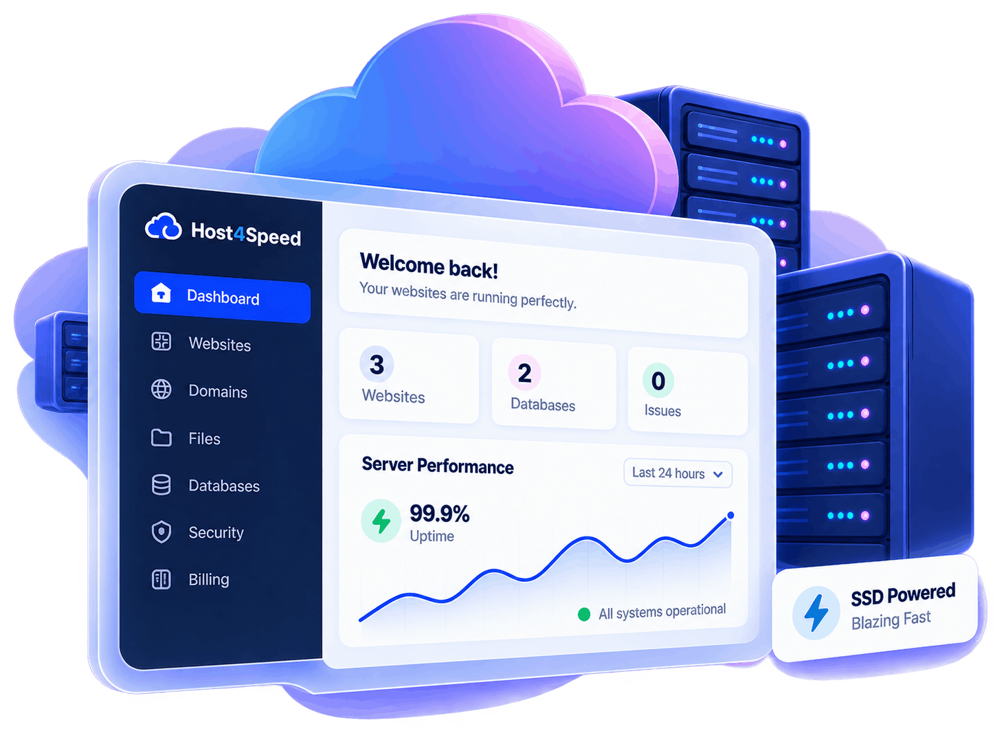 Host4Speed hosting dashboard with cloud infrastructure and server performance overview